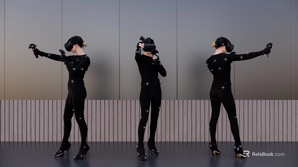 Three Women Wearing VR Headsets In Black Tight Outfits With Different Poses Against Gray Wall 3d model 