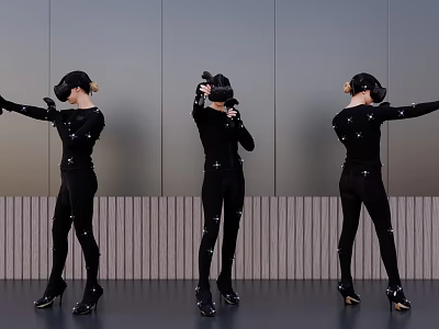 Three Women Wearing VR Headsets In Black Tight Outfits With Different Poses Against Gray Wall 3d model