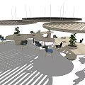 Modern Circular Office Desks With Chairs Green Plants And Ceiling Lights Design