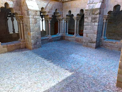 Cartoon Scenery of Medieval Castle Courtyard with Stone Arches Pillars and Cobblestone Floor 3d model
