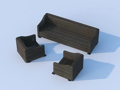Dark Brown Woven Rattan Sofa Set With Modern Design For Living Room 3d model