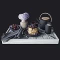 Kitchen Breakfast Tray Setup With Pancakes Blueberries Chocolate Sauce Teapot Coffee Cup And Purple Flowers