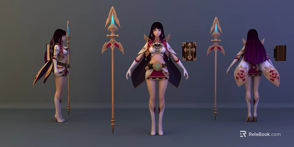 Female Game Movie Character With Ornate Costume And Decorative Spears In Multiple Poses 3d model 
