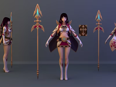 Female Game Movie Character With Ornate Costume And Decorative Spears In Multiple Poses 3d model
