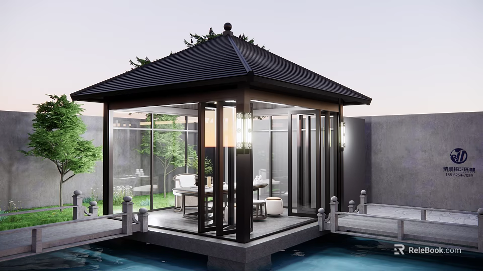 Serene Chinese Garden Pavilion Featuring Black Roof Glass Walls Water Pool And Green Trees 3d model 