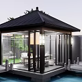 Serene Chinese Garden Pavilion Featuring Black Roof Glass Walls Water Pool And Green Trees