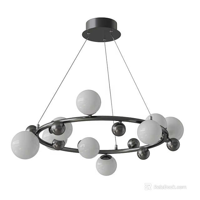 Modern Circular Chandelier With White And Black Glass Balls On Metal Ring Structure 3d model 