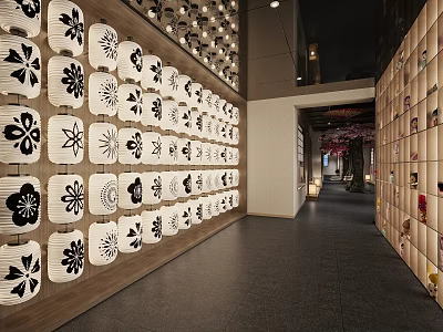 Traditional Japanese Restaurant Interior With Wall Decorated By Wooden Lanterns And Elegant Design 3d model