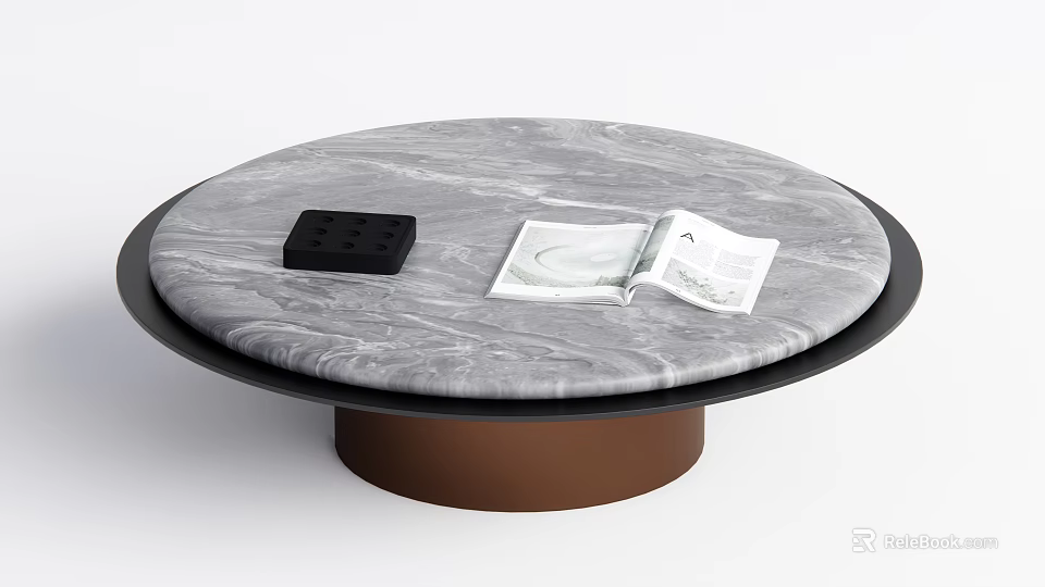 Gray Marble Top Coffee Table With Brown Base Black Square Object And Open Magazine 3d model