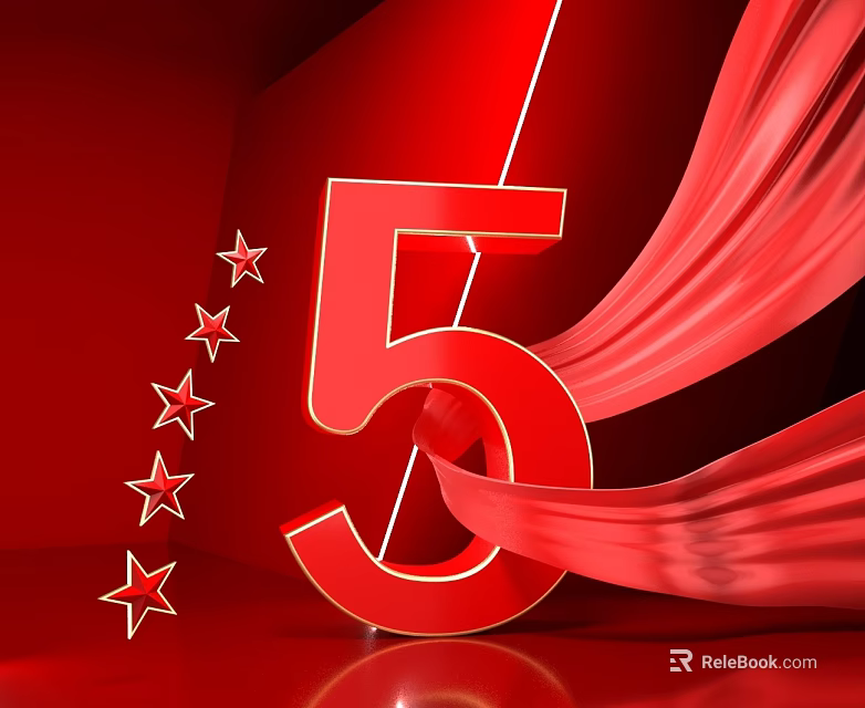 Red Themed Hinged Door Design With Number 5 Stars And Flowing Ribbons 3d model 