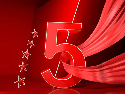 Red Themed Hinged Door Design With Number 5 Stars And Flowing Ribbons 3d model