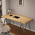 Modern Wooden Office Desk With Metal Legs Beige Chair Silver Lamp Laptop And Coffee Cup