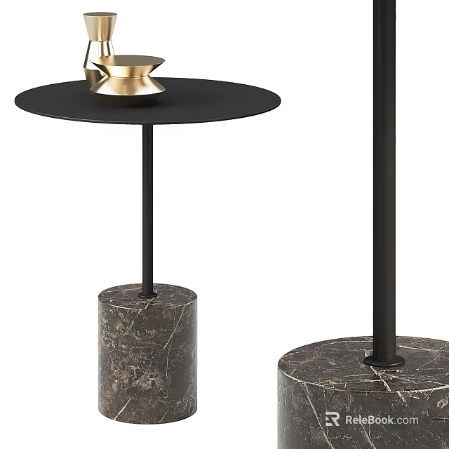 Modern Dining Table With Black Round Top And Marble Base Featuring Gold Decorative Item 3d model