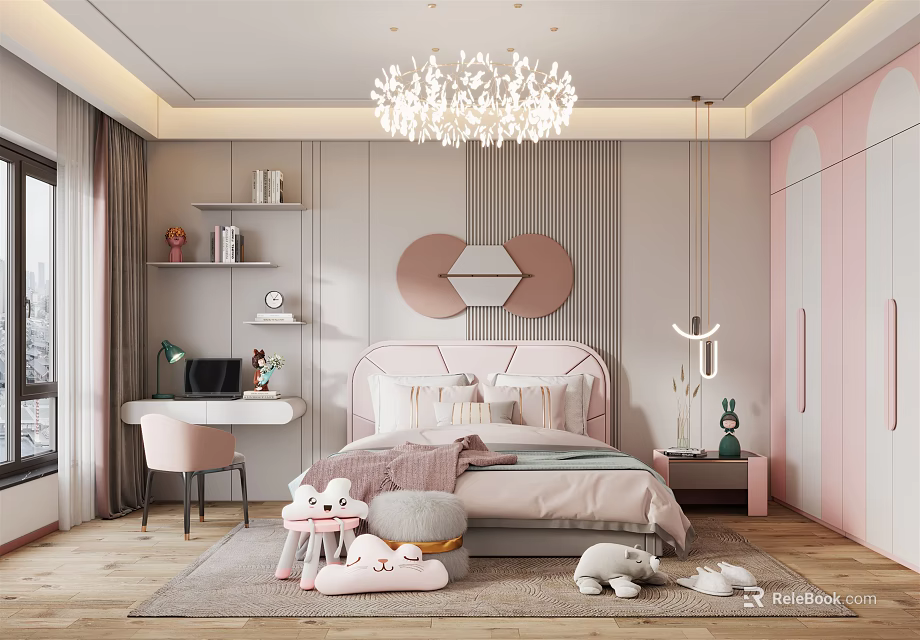 Cozy Kids Room Design With Pink Bed Desk Toys And Chandelier 3d model 
