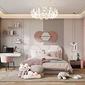 Cozy Kids Room Design With Pink Bed Desk Toys And Chandelier