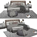 Modern Upholstered Double Bed With Bedside Tables Pouf And Soft Rug