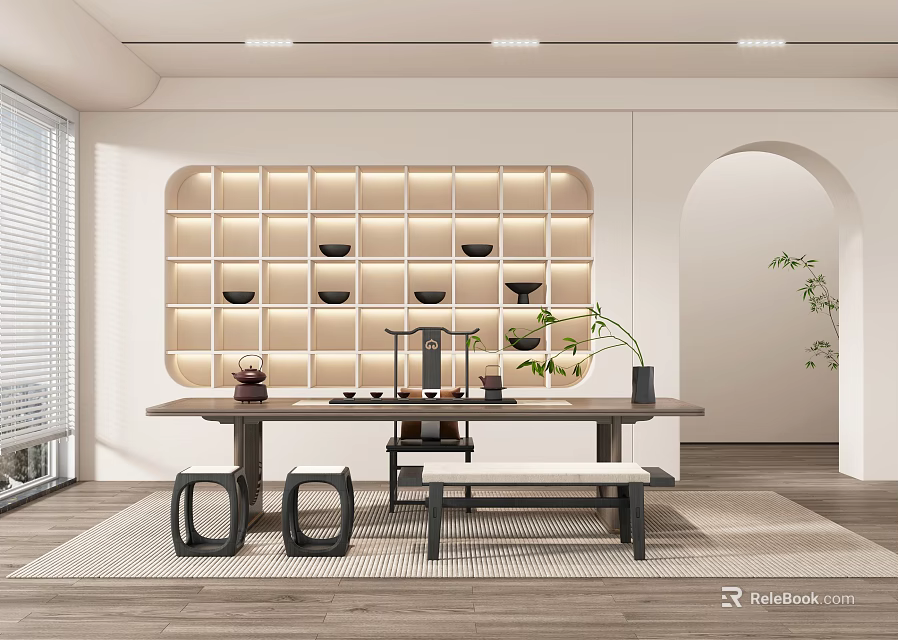 Minimalist Tea Room Interior With Wooden Table Display Shelves Tea Sets And Green Plants 3d model 