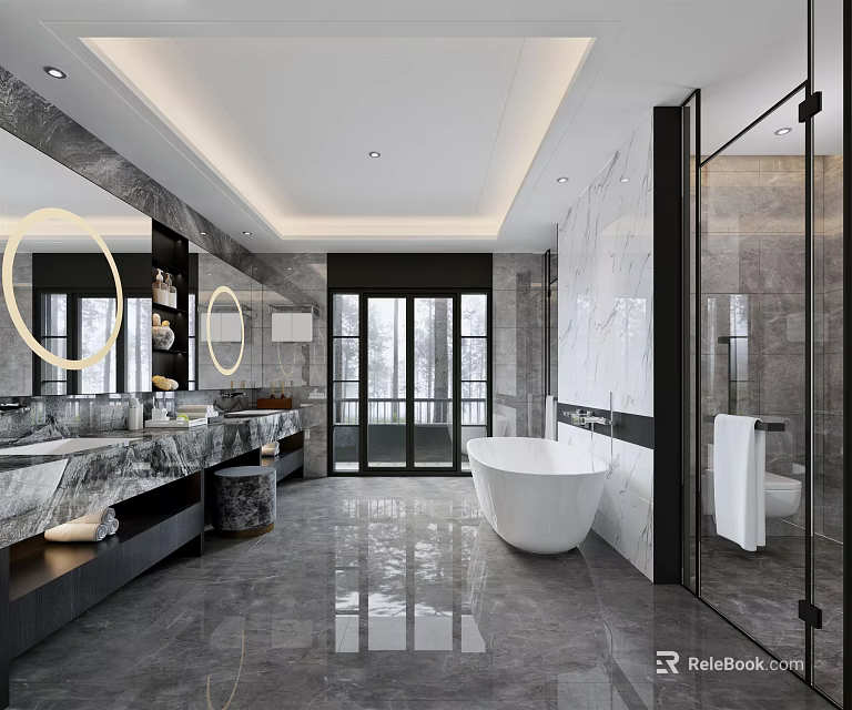 Modern Bathroom Interior with Marble Vanity Double Sinks Round Mirrors Freestanding Bathtub Glass Shower and Large Windows 3d model 