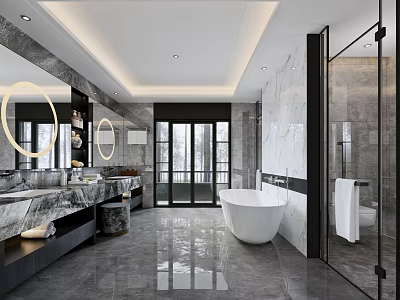 Modern Bathroom Interior with Marble Vanity Double Sinks Round Mirrors Freestanding Bathtub Glass Shower and Large Windows 3d model
