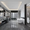 Modern Bathroom Interior with Marble Vanity Double Sinks Round Mirrors Freestanding Bathtub Glass Shower and Large Windows