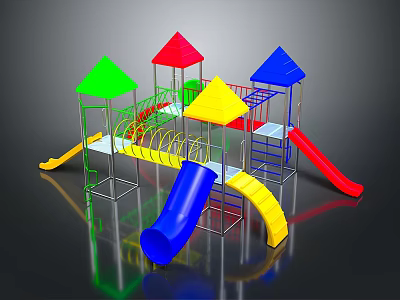 Colorful Children's Playground Structure With Multi Colored Conical Tops Slides And Climbing Elements 3d model