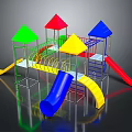 Colorful Children's Playground Structure With Multi Colored Conical Tops Slides And Climbing Elements