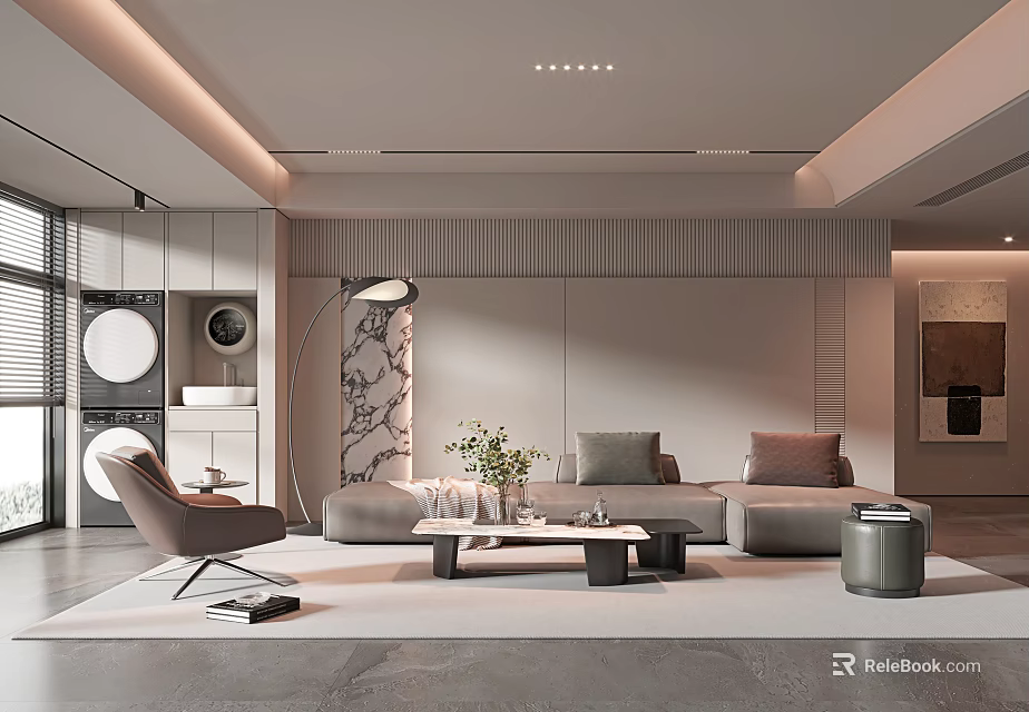 Modern Minimalist Living Room Interior With Gray Sofa Floor Lamp Coffee Table And Rug 3d model 