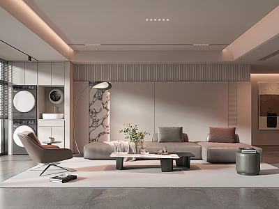 Modern Minimalist Living Room Interior With Gray Sofa Floor Lamp Coffee Table And Rug 3d model