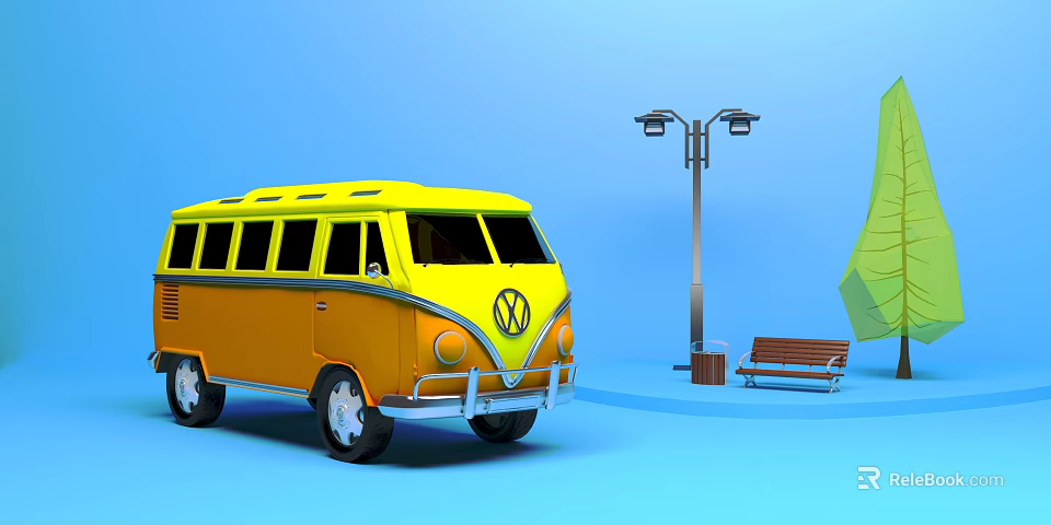 Cartoon Scene With Yellow Orange VW Bus Street Lamp And Bench On Blue Background 3d model 