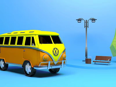 Cartoon Scene With Yellow Orange VW Bus Street Lamp And Bench On Blue Background 3d model