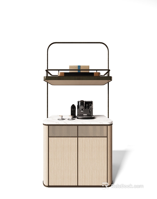 Modern Wooden Sideboard With Marble Top And Metal Shelf Featuring Coffee Machine Decorative Items 3d model 