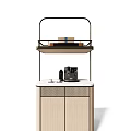 Modern Wooden Sideboard With Marble Top And Metal Shelf Featuring Coffee Machine Decorative Items