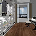 Modern Wardrobe Interior With Open Shelves Hanging Clothes Drawers And Wooden Flooring