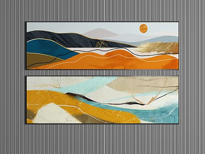 Modern Abstract Paintings With Orange Blue Gold And Abstract Patterns 3d model