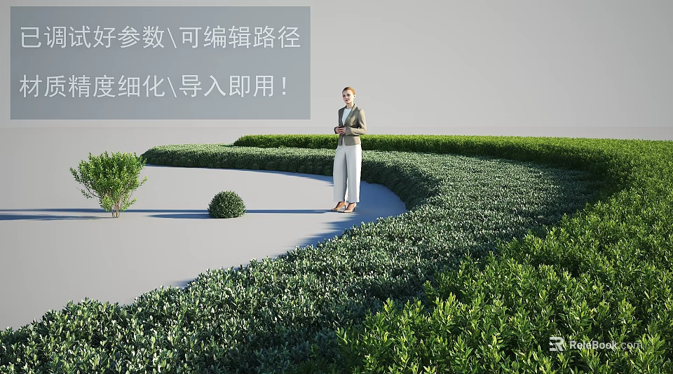 Garden Landscape With Well Trimmed Hedges Green Bushes And Standing Woman 3d model 