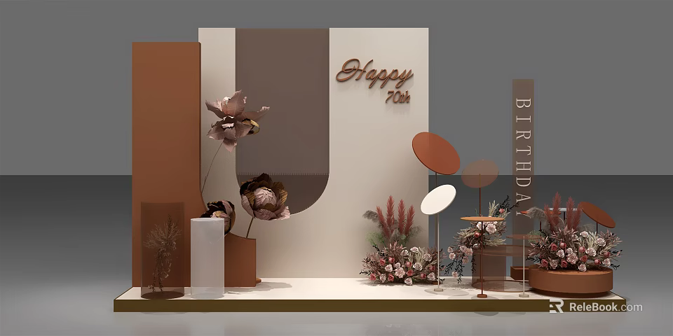 Birthday Decoration Setup With Happy Text Flower Arrangements Decorative Columns And Various Shaped Elements 3d model
