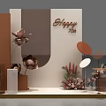 Birthday Decoration Setup With Happy Text Flower Arrangements Decorative Columns And Various Shaped Elements 3d model