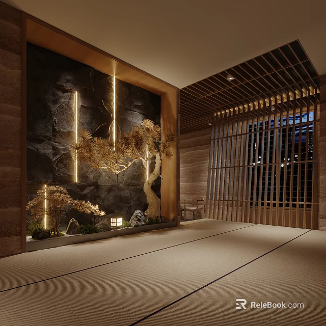 Japanese Zen Restaurant With Stone Wall Light Strips Pine Tree Decoration And Tatami Floor 3d model 