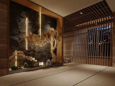 Japanese Zen Restaurant With Stone Wall Light Strips Pine Tree Decoration And Tatami Floor 3d model