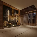 Japanese Zen Restaurant With Stone Wall Light Strips Pine Tree Decoration And Tatami Floor