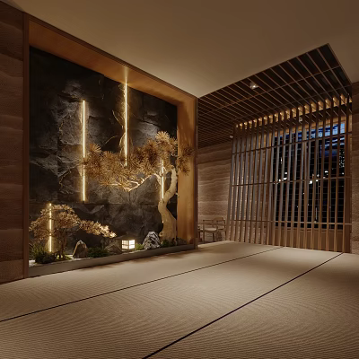 Japanese Zen Restaurant With Stone Wall Light Strips Pine Tree Decoration And Tatami Floor 3d model