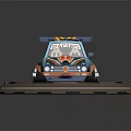 Cartoon Blue And Orange Car With Roof Wing Racing Text Red Wheels On Circular Stand