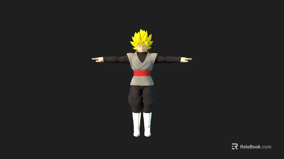 Anime Style Game Movie Character With Yellow Spiky Hair Gray Outfit Red Sash White Boots 3d model 