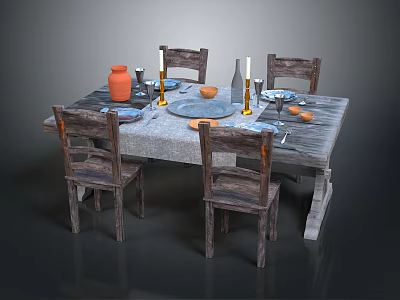 Wooden Dining Table With Four Chairs Tablecloth Clay Pot Candles Wine Glasses And Fruits 3d model