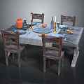 Wooden Dining Table With Four Chairs Tablecloth Clay Pot Candles Wine Glasses And Fruits