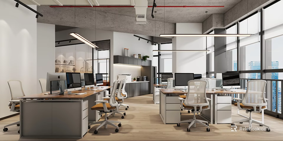 Modern Public Office Space With Open Layout Work Desks Ergonomic Chairs Computer Monitors And Natural Light 3d model 