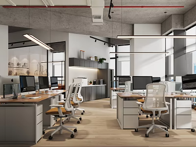 Modern Public Office Space With Open Layout Work Desks Ergonomic Chairs Computer Monitors And Natural Light 3d model