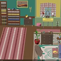 Cartoon Room Scene With Bookshelves Patterned Rug Dresser Plant Chair And Bed
