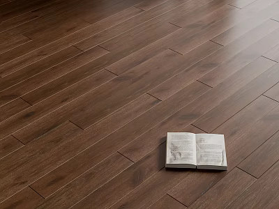 Dark Brown Polished Wooden Floor with Natural Grain and Open Book in Home Interior 3d model