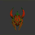 Red Horned Warrior Helmet With Spiked Design Shiny Surface And Reflective Base